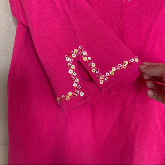 QUACKER FACTORY 3/4 Sleeve Beaded Top Pink Flamingos Palms & Stars Sequins L - Picture 4 of 8